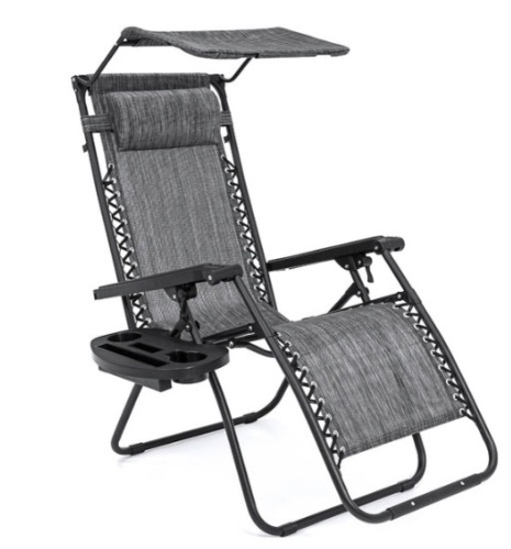 Folding Zero Gravity Recliner Patio Lounge Chair w/ Canopy, Side Tray, Gray - Lot 496