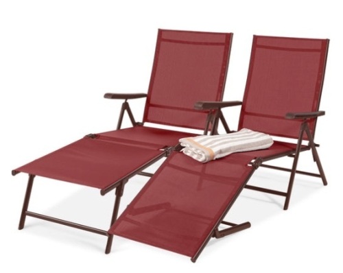 Set of 2 Outdoor Patio Chaise Recliner Lounge Chairs w/ Rust-Resistant Frame, Red - Lot 504