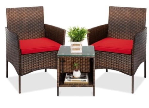 3-Piece Outdoor Patio Wicker Bistro Set w/ Side Storage Table, Brown/Red - Lot 505