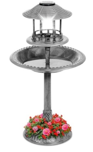 Solar Lighted Outdoor Pedestal Bird Bath w/ Planter, Decorative Bird Cage, Stone - Lot 513