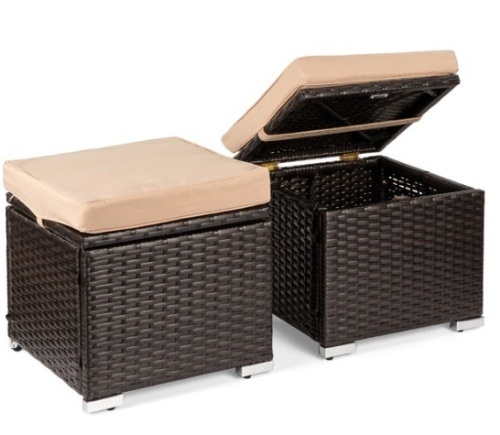 Set of 2 Wicker Ottomans, Multipurpose w/ Removable Cushions, Steel Frame, Brown/Beige - Lot 376