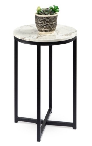 Round Coffee Side Table w/ Faux Marble Top, Metal Frame - 16in, White/Matte Black - Lot 392