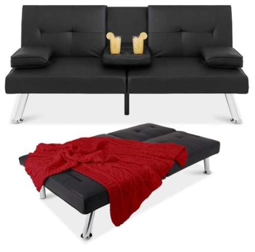 Faux Leather Upholstered Convertible Sofa Bed Futon w/ 2 Cupholders, Black - Lot 393