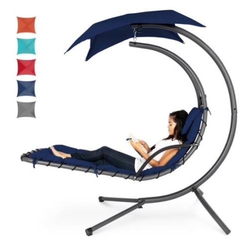 Hanging Curved Chaise Lounge Chair w/ Built-In Pillow, Removable Canopy, Navy Blue - Lot 397