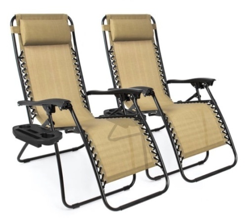 Set of 2 Adjustable Zero Gravity Patio Chair Recliners w/ Cup Holders, Beige - Lot 399
