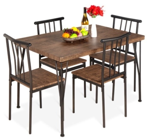 5-Piece Modern Metal and Wood Dining Table Furniture Set w/ 4 Chairs, Drift Brown - Lot 514
