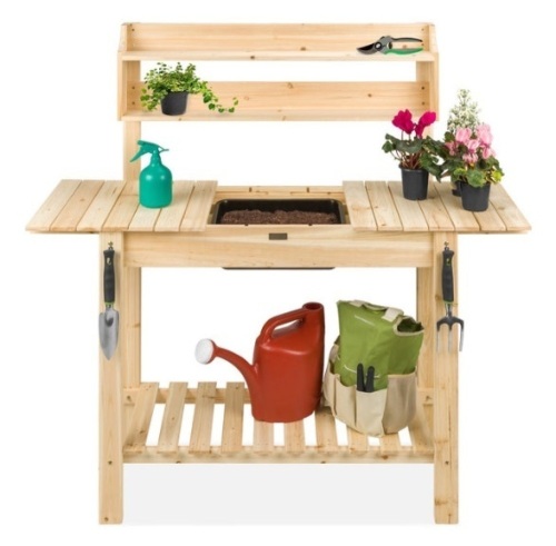 Wood Garden Potting Bench w/ Sliding Tabletop, Food Grade Dry Sink - Lot 515