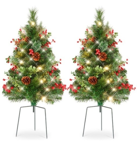Set of 2 Pre-Lit Pathway Christmas Trees w/ Pine Cones, Timer - 24.5in - Lot 516