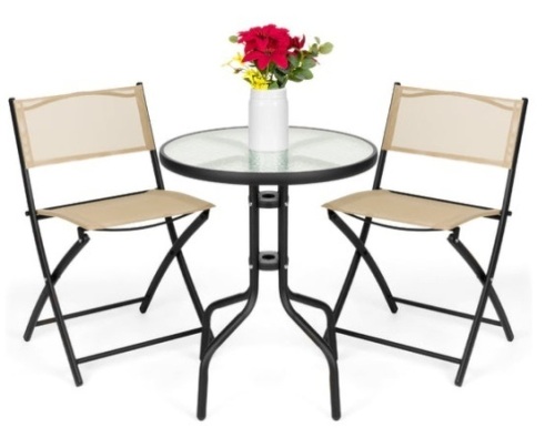 3-Piece Bistro Set w/ Glass Table, 2 Foldable Chairs, Beige - Lot 517