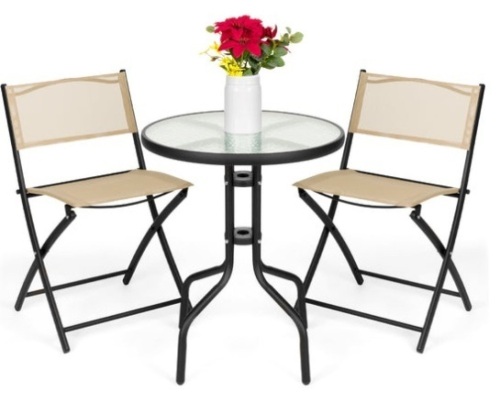 3-Piece Bistro Set w/ Glass Table, 2 Foldable Chairs, Beige - Lot 528