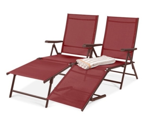 Set of 2 Outdoor Patio Chaise Recliner Lounge Chairs w/ Rust-Resistant Frame, Red - Lot 529