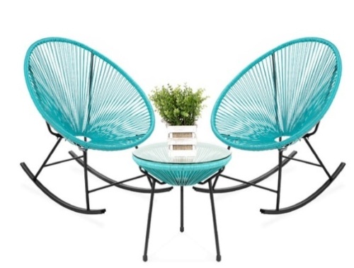 3-Piece Patio Woven Rope Acapulco Rocking Chair Bistro Set, Blue - Lot 533
