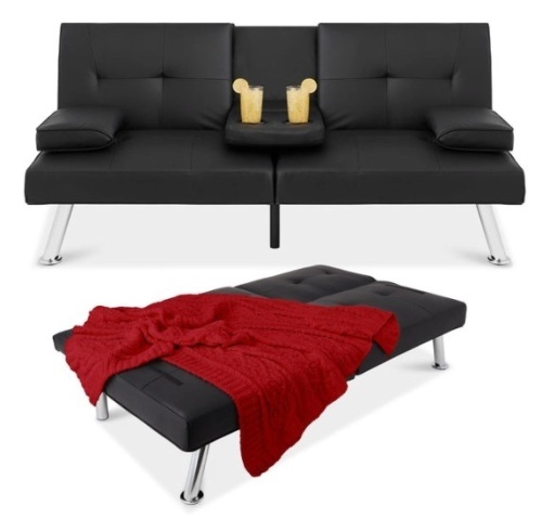 Faux Leather Upholstered Convertible Sofa Bed Futon w/ 2 Cupholders, Black - Lot 537