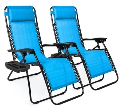 Set of 2 Adjustable Zero Gravity Patio Chair Recliners w/ Cup Holders, Aqua Blue - Lot 539