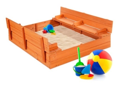 Kids Cedar Sandbox w/ Sand Screen, 2 Benches - 47x47in - Lot 543