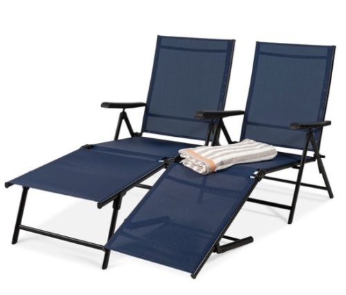 Set of 2 Outdoor Patio Chaise Recliner Lounge Chairs w/ Rust-Resistant Frame, Navy - Lot 546