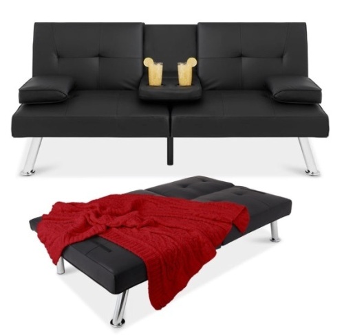 Faux Leather Upholstered Convertible Sofa Bed Futon w/ 2 Cupholders, Black - Lot 565