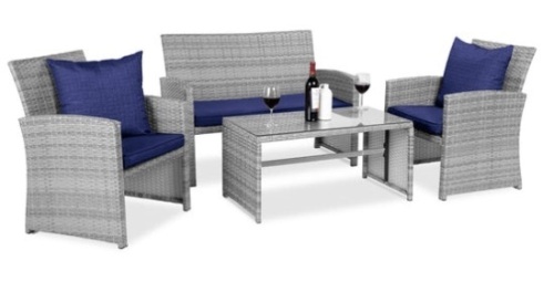 4-Piece Outdoor Wicker Conversation Patio Set w/ 4 Seats, Glass Table Top, Gray/Navy - Lot 568