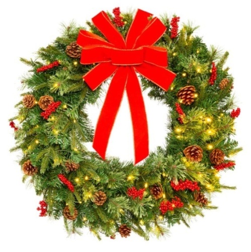 Pre-Lit Battery Powered Christmas Wreath w/ Lights, PVC Tips, Ribbon, 24in - Lot 575