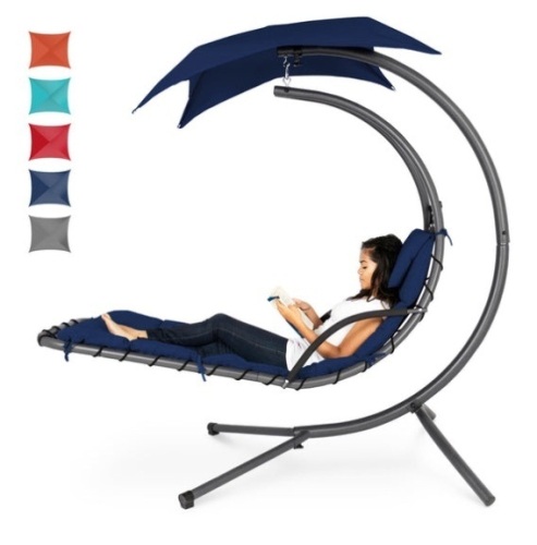 Hanging Curved Chaise Lounge Chair w/ Built-In Pillow, Removable Canopy, Navy Blue - Lot 291