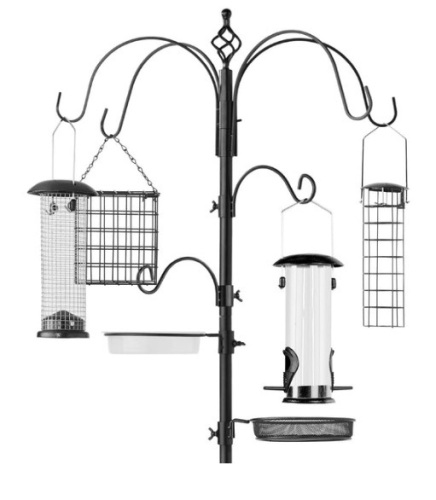 Bird Feeding Station, 6-Hook Steel Multi-Feeder Stand w/ 4 Feeders - 89in, Black - Lot 587