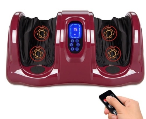Therapeutic Foot Massager w/ High Intensity Rollers, Remote, 3 Modes, Burgundy - Lot 585