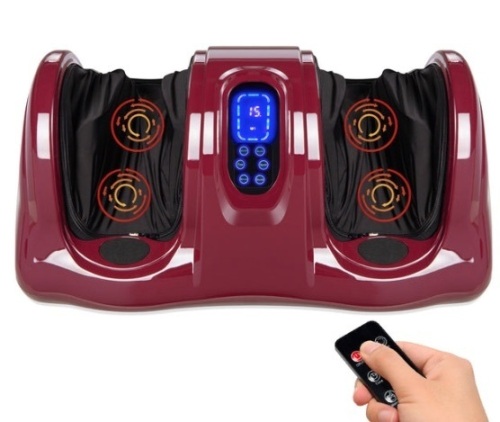 Therapeutic Foot Massager w/ High Intensity Rollers, Remote, 3 Modes, Burgundy - Lot 589