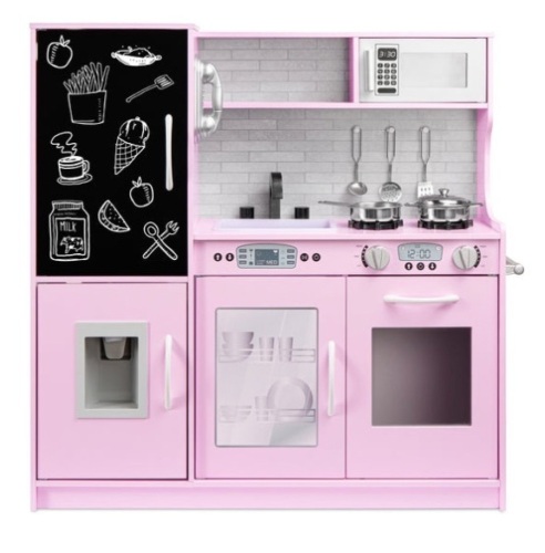 Pretend Play Kitchen Wooden Toy Set for Kids with 11 Accessories, Pink - Lot 590