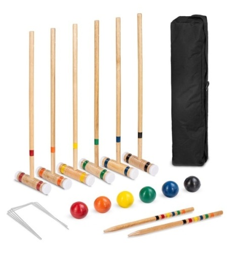 6-Player Wood Croquet Set w/ 6 Mallets, 6 Balls, Wickets, Stakes, Bag - 32in - Lot 591