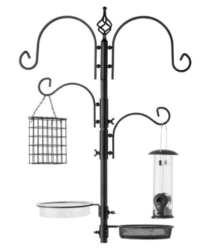 4-Hook Bird Feeding Station, Steel Feeder Stand w/ 2 Bird Feeders - 91in, Black - Lot 595