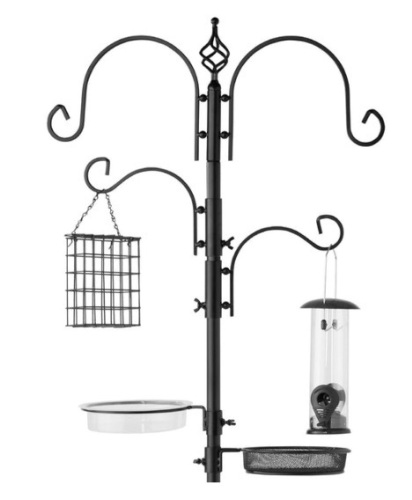 4-Hook Bird Feeding Station, Steel Feeder Stand w/ 2 Bird Feeders - 91in, Black - Lot 597