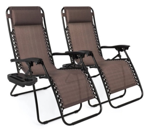 Set of 2 Adjustable Zero Gravity Patio Chair Recliners w/ Cup Holders, Brown - Lot 599