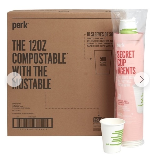 Perk Compostable Paper Hot Cups, 12 Oz., 500 pack, Appears new, Retail 75.99 - Lot 540