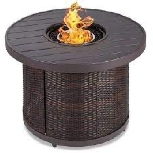 Round Fire Pit Table, 50,000 BTU Outdoor Wicker Firepit w/ Cover - 32in - Lot 847
