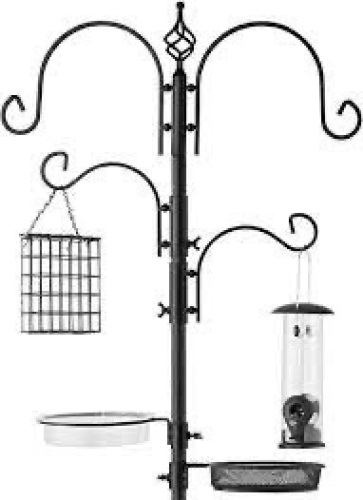 Bird Feeding Station, 6-Hook Steel Multi-Feeder Stand w/ 4 Feeders - 89in - Lot 1450