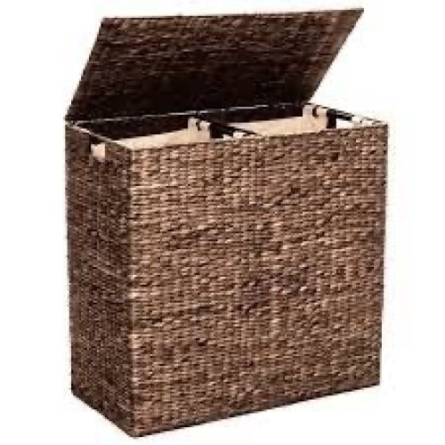 Extra Large Water Hyacinth Double Laundry Hamper Basket w/ 2 Liner Bags - Lot 1518