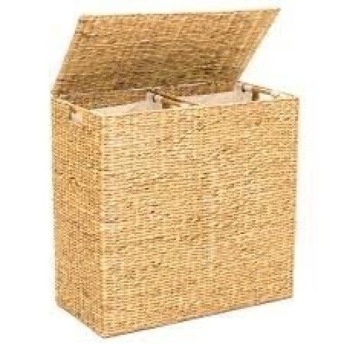 Extra Large Water Hyacinth Double Laundry Hamper Basket w/ 2 Liner Bags - Lot 1519