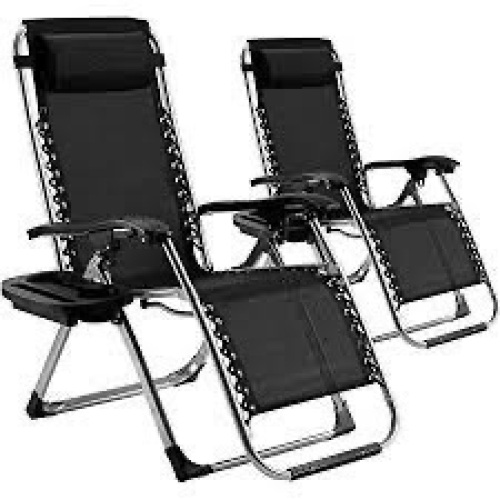 Set of 2 Adjustable Steel Mesh Zero Gravity Lounge Chair Recliners w/Pillows and Cup Holder Trays, Black - Lot 1530