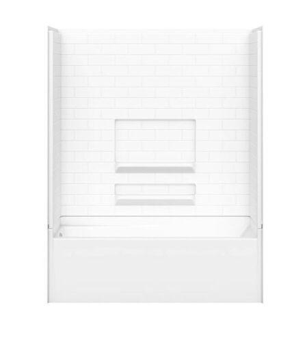 MAAX Vellamo 60" L x 31.25" W x 56.625" H 3-Piece White Acrylic Bathtub Surround & MAAX Vellamo 31.25" W x 60" L White Acrylic Rectangular Right Drain Alcove Soaking Bathtub - Damage To Mounting Flanges & Screw Holes in Lining - Lot 90