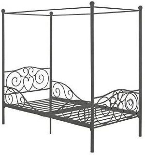 DHP Metal Canopy Kids Platform Bed with Four Poster Design, Scrollwork Headboard and Footboard, Underbed Storage Space, No Box Sring Needed, Twin, Pewter  - Lot 149