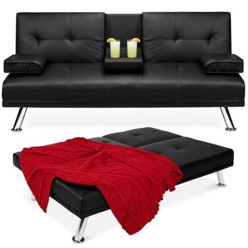 Faux Leather Upholstered Convertible Sofa Bed Futon w/ 2 Cupholders - Lot 165