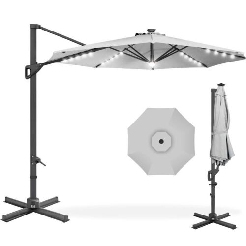 360-Degree Solar LED Cantilever Offset Patio Umbrella w/ Tilt - 10ft - Lot 413