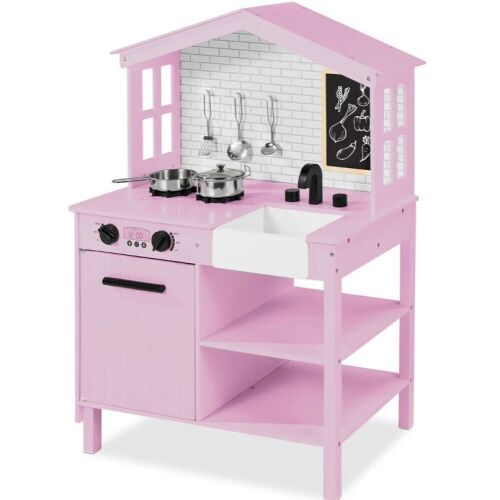 Kids Farmhouse Play Kitchen w/ Chalkboard, Storage Shelves, 5 Accessories - Lot 446
