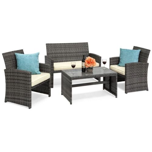 4-Piece Outdoor Wicker Conversation Patio Set w/ 4 Seats, Glass Table Top - Lot 457