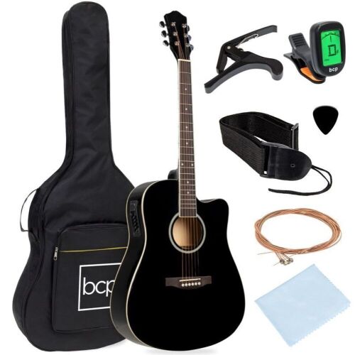 41in Beginner Acoustic Electric Cutaway Guitar Set w/ Case, Strap - Lot 769