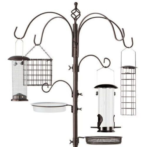 Bird Feeding Station, 6-Hook Steel Multi-Feeder Stand w/ 4 Feeders - 89in - Lot 776