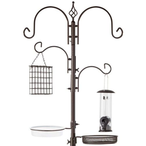 4-Hook Bird Feeding Station, Steel Feeder Stand w/ 2 Bird Feeders - 91in - Lot 787