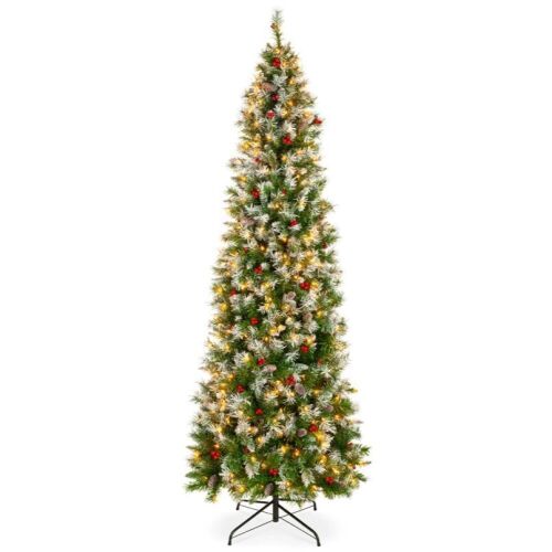 6' Pre-Lit Partially Flocked Spruce Pencil Tree w/ Berries, Pine Cones - Lot 1101