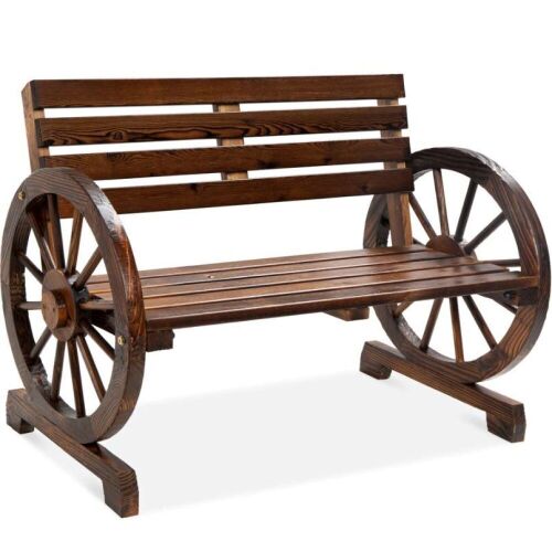 2-Person Rustic Wooden Wagon Wheel Bench w/ Slatted Seat and Backrest - Lot 720