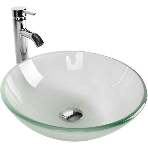 ELECWISH Tempered Glass Vessel Bathroom Vanity Sink Round Bowl, Chrome Faucet Pop-up Drain Combo, Frosted - Lot 74